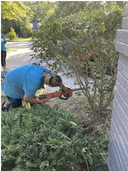 Imagine a woman wearing a blue shirt in someone's yard. She is using a tool to trim a bush. This is happening near a house with grey bricks.